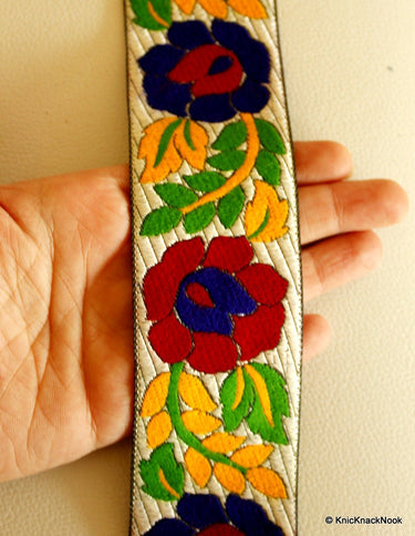 Blue, Red, Yellow And Green Flower Embroidery White Fabric Lace Trim